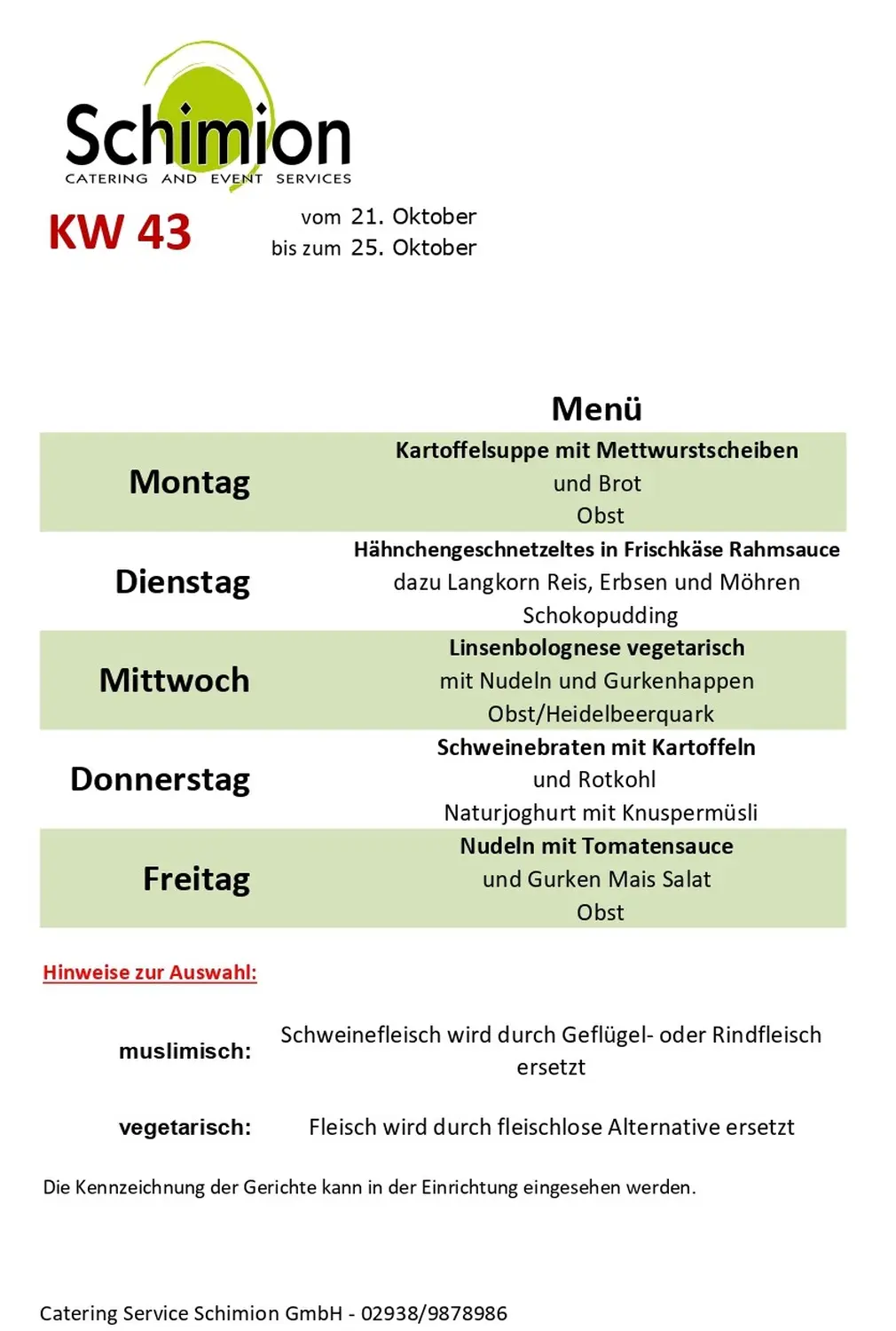 Schimion Cateringservice, Speiseplan für den Kindergarten 