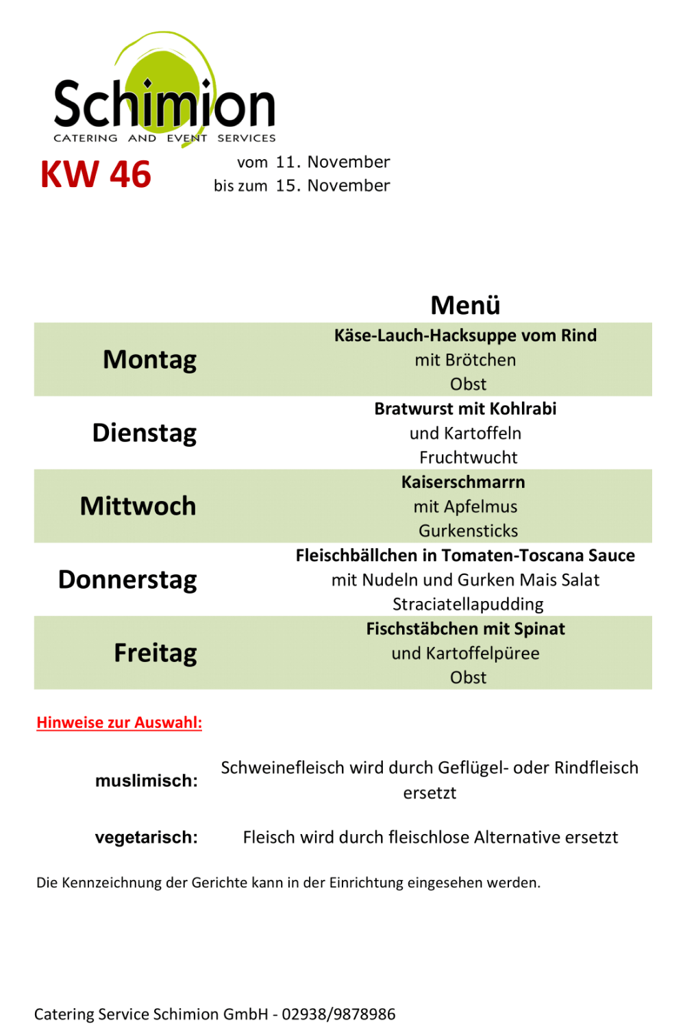 Schimion Cateringservice, Speiseplan für den Kindergarten 