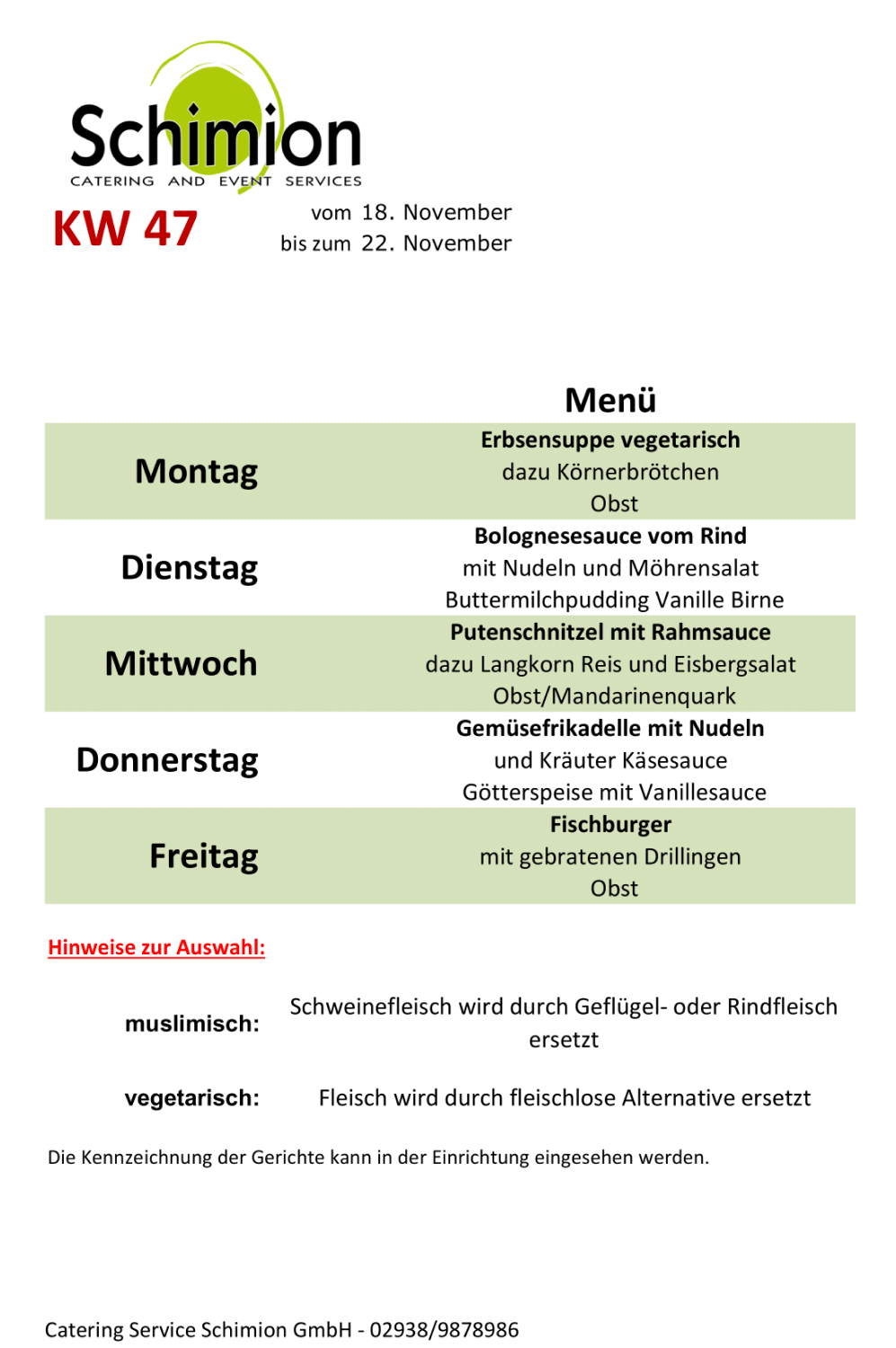 Schimion Cateringservice, Speiseplan für den Kindergarten 