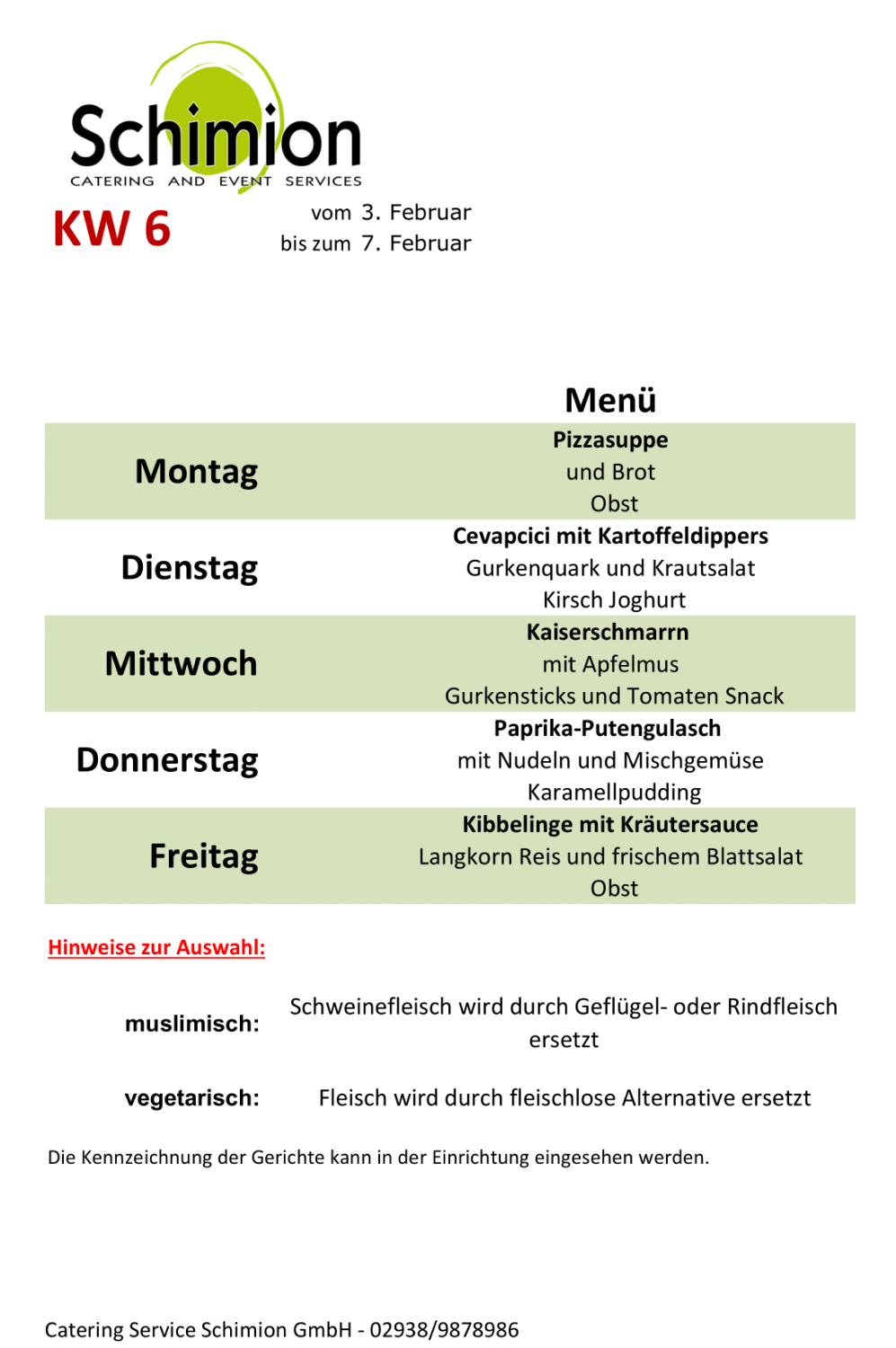 Schimion Cateringservice, Speiseplan für den Kindergarten 