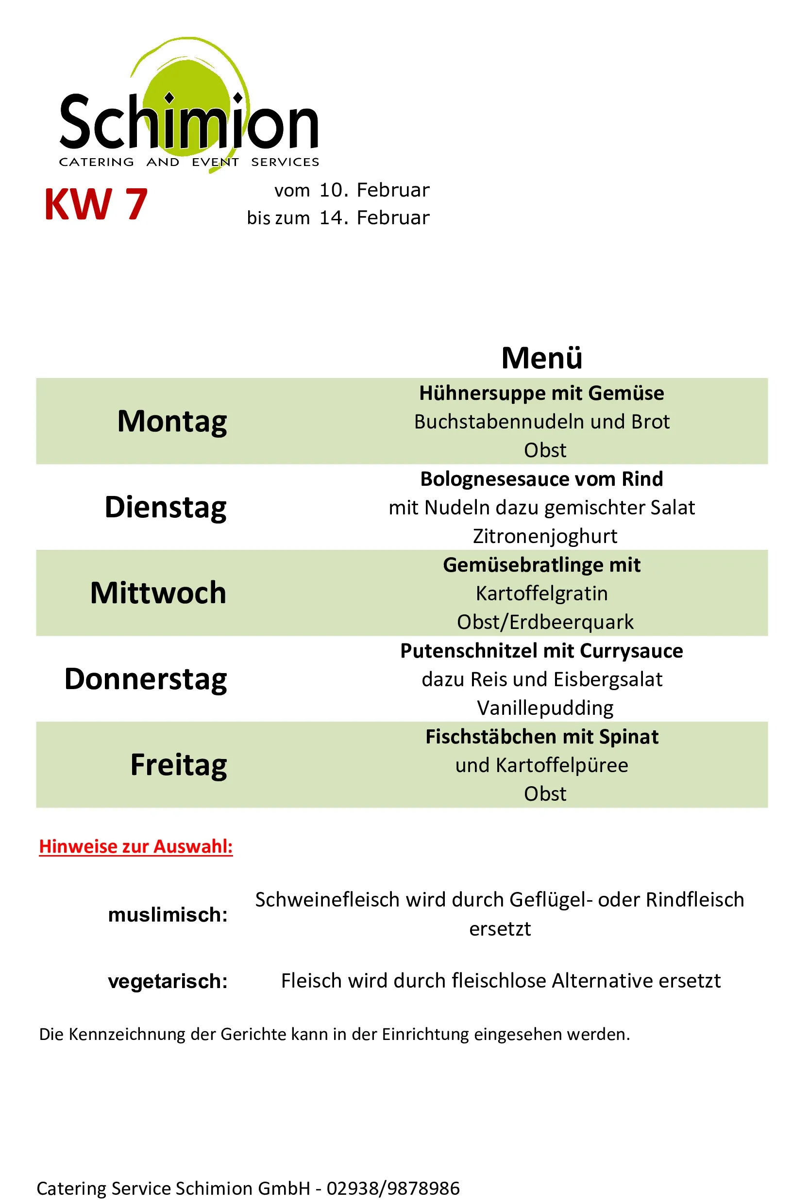 Schimion Cateringservice, Speiseplan für den Kindergarten 